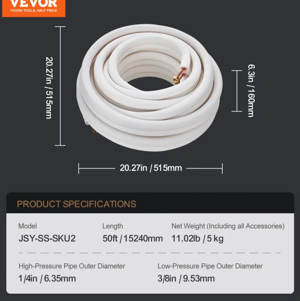 VEVOR 50FT Mini Split Line Set, 1/4" & 3/8" O.D Copper Pipes Tubing and Triple-Layer Insulation, for Mini Split Air Conditioning Refrigerant or Heating Pump Equipment & HVAC with Wrapping Strips.