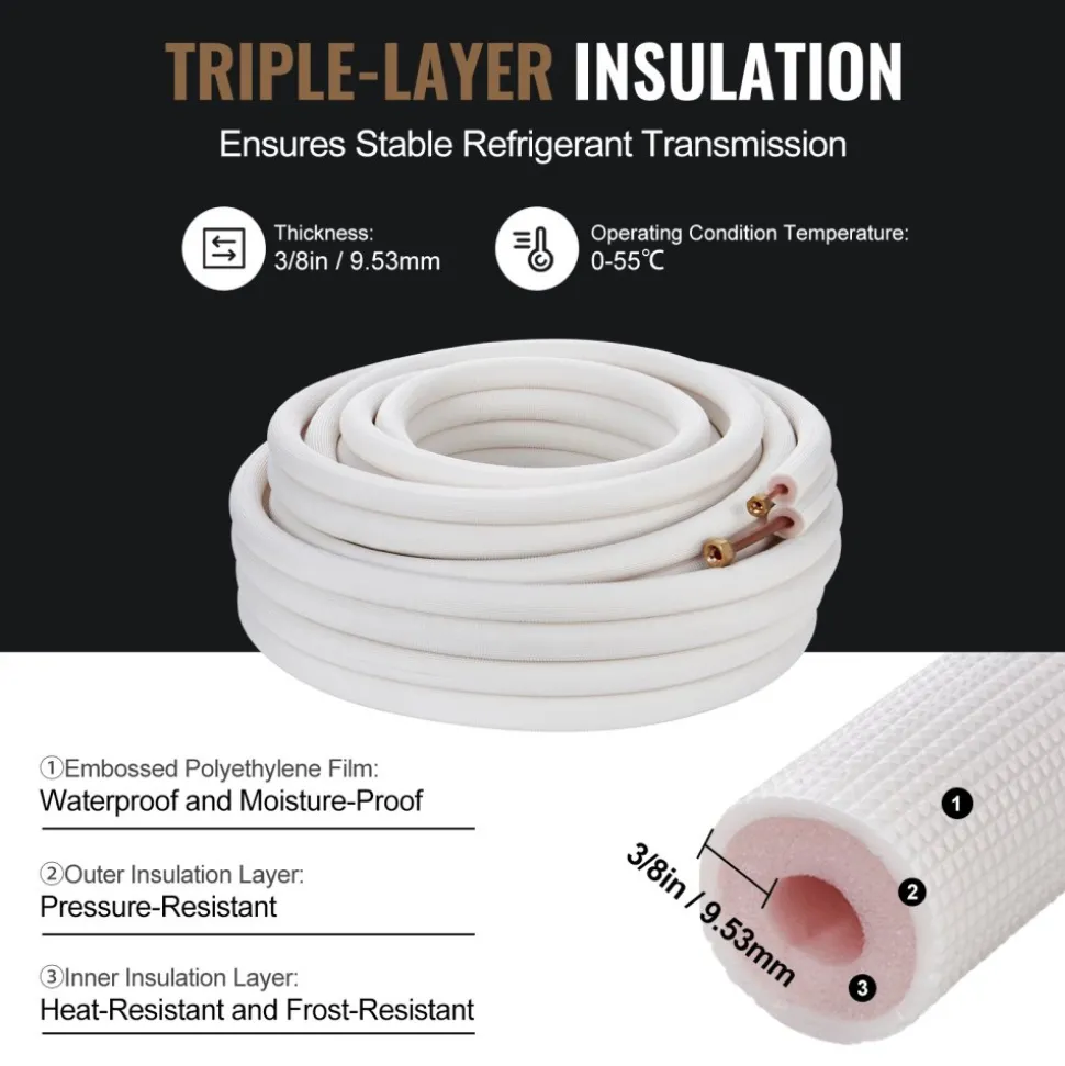 VEVOR 50FT Mini Split Line Set, 1/4" & 3/8" O.D Copper Pipes Tubing and Triple-Layer Insulation, for Mini Split Air Conditioning Refrigerant or Heating Pump Equipment & HVAC with Wrapping Strips.