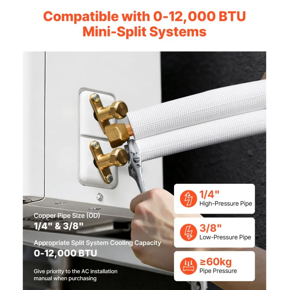 VEVOR 50ft Mini Split Line Set, 1/4” & 3/8” OD AC Copper Tubing Pipe, 3/8 White PE Thickened Insulated Coil with Flared Nuts, Strapping Tapes, for Mini Split Air Conditioner HVAC or Heat Pump System