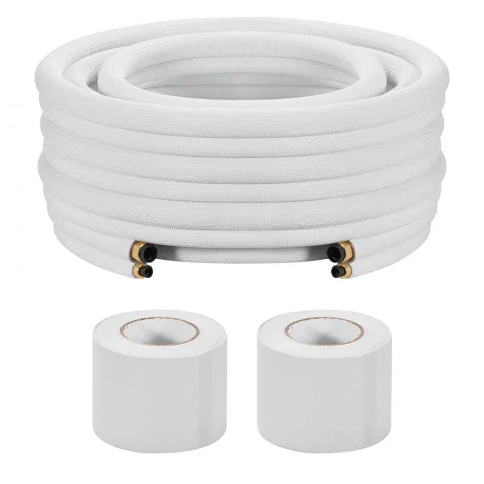 VEVOR 50ft Mini Split Line Set, 1/4” & 3/8” OD AC Copper Tubing Pipe, 3/8 White PE Thickened Insulated Coil with Flared Nuts, Strapping Tapes, for Mini Split Air Conditioner HVAC or Heat Pump System