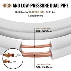 VEVOR 100ft Mini Split Line Set, 1/4” & 1/2” OD AC Copper Tubing Pipe, 3/8 White PE Thickened Insulated Coil with Flared Nuts, Strapping Tapes, for Mini Split Air Conditioner HVAC or Heat Pump System