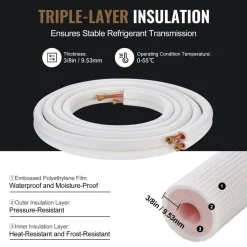 VEVOR 100ft Mini Split Line Set, 1/4” & 1/2” OD AC Copper Tubing Pipe, 3/8 White PE Thickened Insulated Coil with Flared Nuts, Strapping Tapes, for Mini Split Air Conditioner HVAC or Heat Pump System
