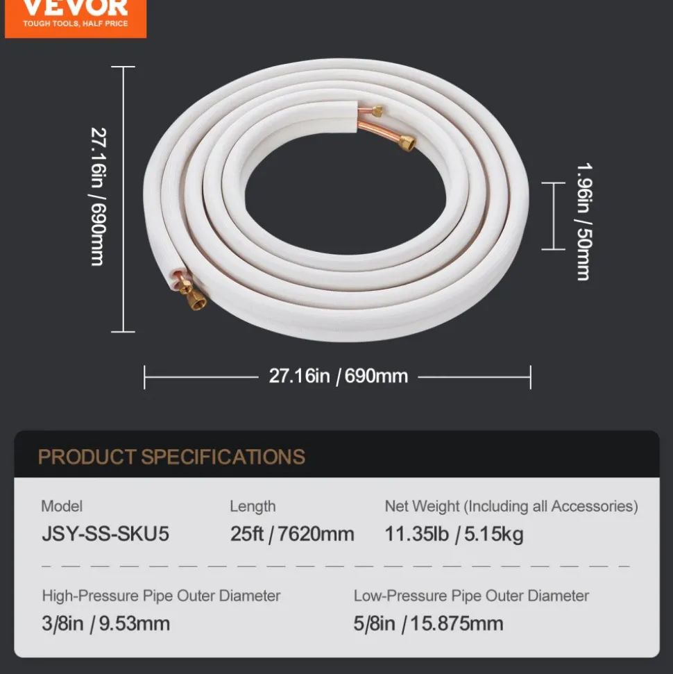 VEVOR 25FT Mini Split Line Set, 1/4" & 1/2" O.D Copper Pipes Tubing and Triple-Layer Insulation, for Air Conditioning or Heating Pump Equipment & HVAC with Rich Accessories (27ft Connection Cable)