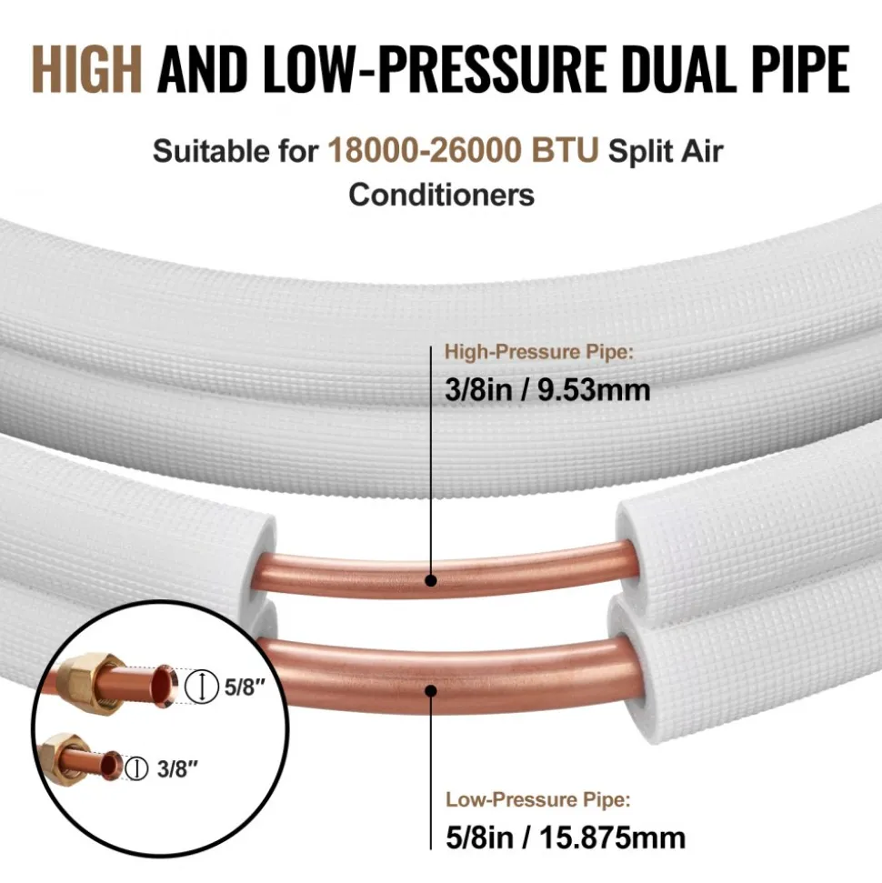 VEVOR 25FT Mini Split Line Set, 1/4" & 1/2" O.D Copper Pipes Tubing and Triple-Layer Insulation, for Air Conditioning or Heating Pump Equipment & HVAC with Rich Accessories (27ft Connection Cable)