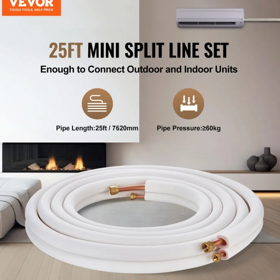 VEVOR 25FT Mini Split Line Set, 1/4" & 1/2" O.D Copper Pipes Tubing and Triple-Layer Insulation, for Air Conditioning or Heating Pump Equipment & HVAC with Rich Accessories (27ft Connection Cable)