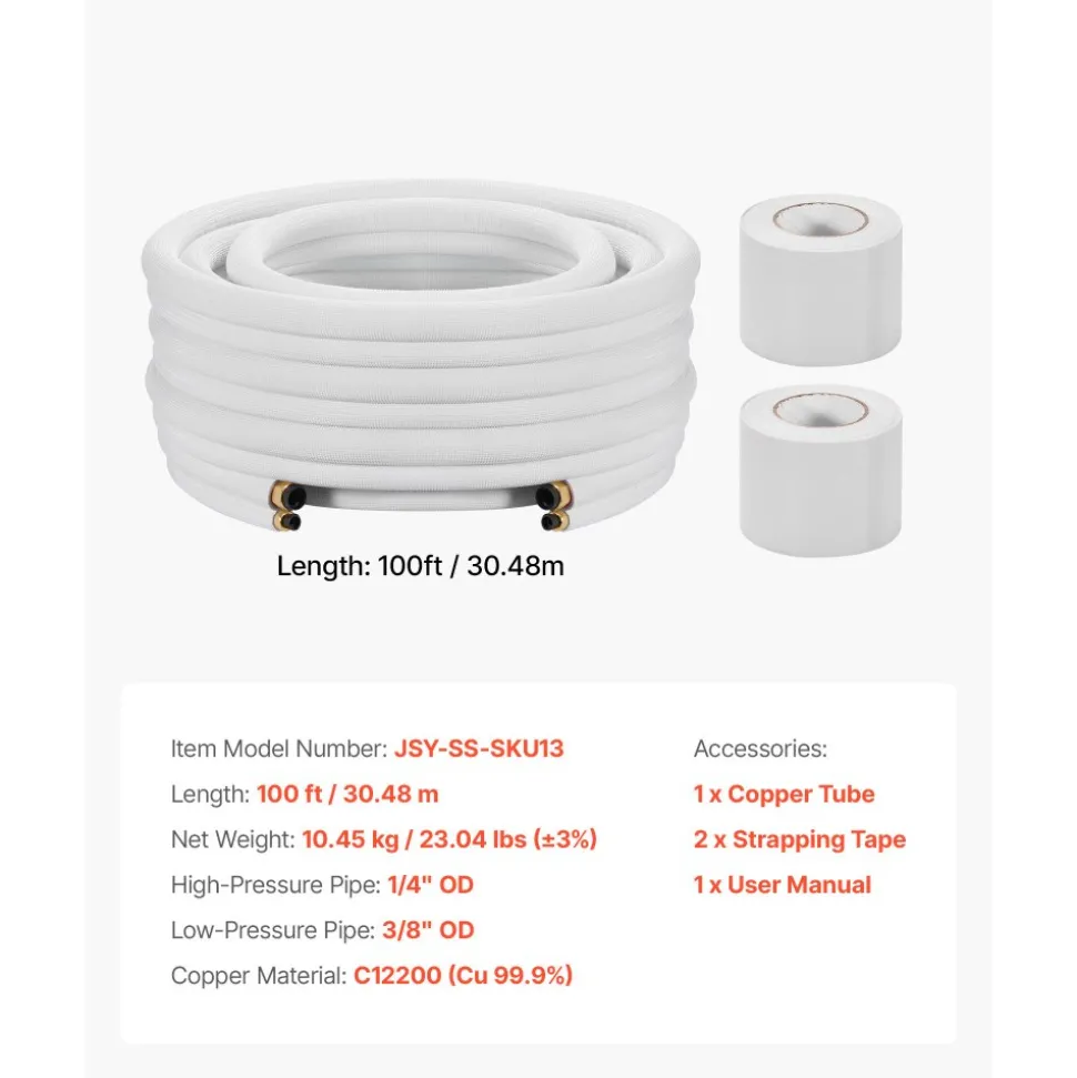 VEVOR 100ft Mini Split Line Set, 1/4” & 3/8” OD AC Copper Tubing Pipe, 3/8 White PE Thickened Insulated Coil with Flared Nuts, Strapping Tapes, for Mini Split Air Conditioner HVAC or Heat Pump System
