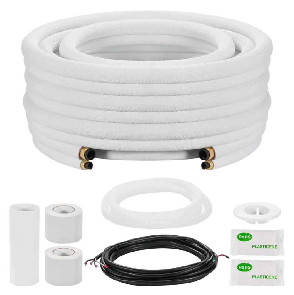 VEVOR 50ft Mini Split Line Set, 1/4” & 3/8” OD AC Copper Tubing Pipe, 3/8 White PE Thickened Insulated Coil with Flared Nuts, Rich Fittings, for Mini Split Air Conditioner HVAC or Heat Pump System