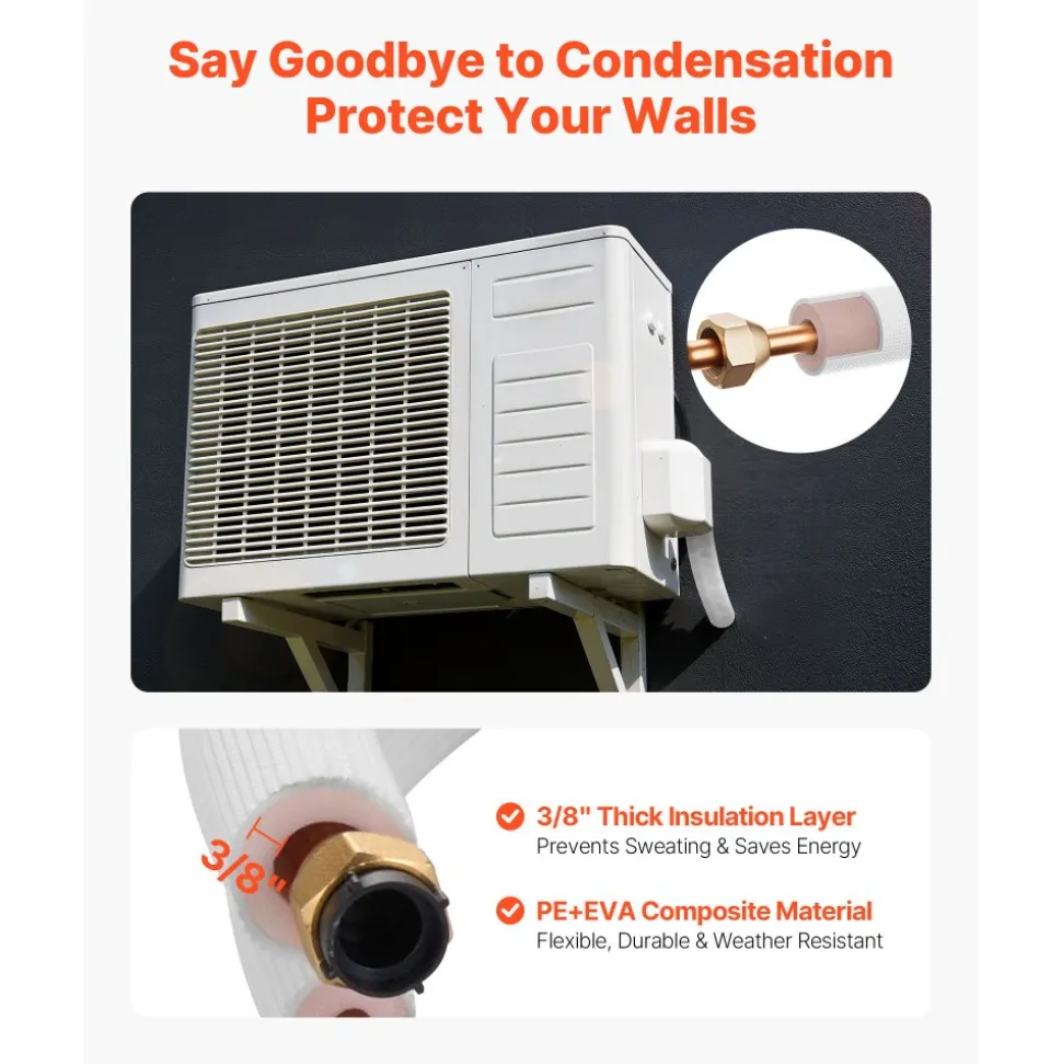 VEVOR 50ft Mini Split Line Set, 1/4” & 3/8” OD AC Copper Tubing Pipe, 3/8 White PE Thickened Insulated Coil with Flared Nuts, Rich Fittings, for Mini Split Air Conditioner HVAC or Heat Pump System