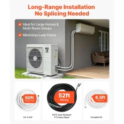 VEVOR 50ft Mini Split Line Set, 1/4” & 3/8” OD AC Copper Tubing Pipe, 3/8 White PE Thickened Insulated Coil with Flared Nuts, Rich Fittings, for Mini Split Air Conditioner HVAC or Heat Pump System