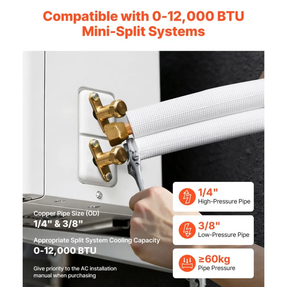 VEVOR 50ft Mini Split Line Set, 1/4” & 3/8” OD AC Copper Tubing Pipe, 3/8 White PE Thickened Insulated Coil with Flared Nuts, Rich Fittings, for Mini Split Air Conditioner HVAC or Heat Pump System