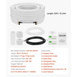 VEVOR 50ft Mini Split Line Set, 1/4” & 3/8” OD AC Copper Tubing Pipe, 3/8 White PE Thickened Insulated Coil with Flared Nuts, Rich Fittings, for Mini Split Air Conditioner HVAC or Heat Pump System