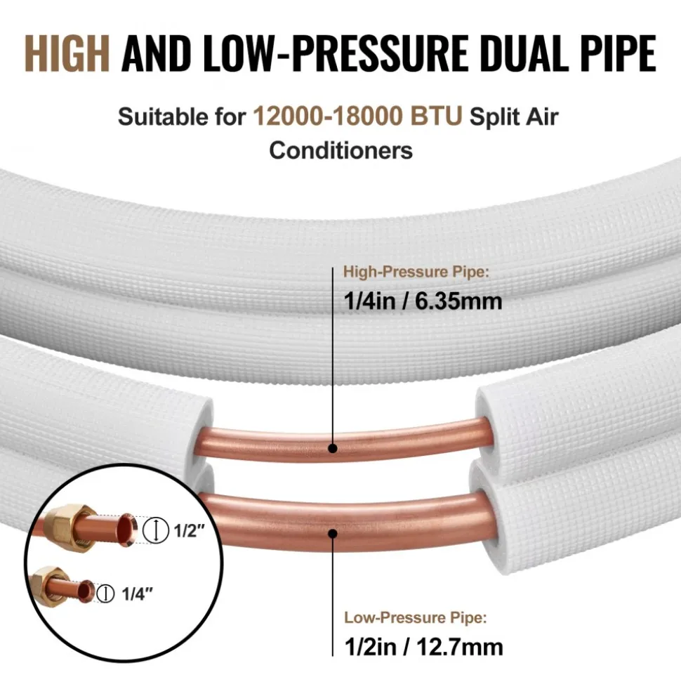 VEVOR 50FT Mini Split Line Set, 1/4" & 1/2" O.D Copper Pipes Tubing and Triple-Layer Insulation, for Mini Split Air Conditioning Refrigerant or Heating Pump Equipment & HVAC with Wrapping Strips.