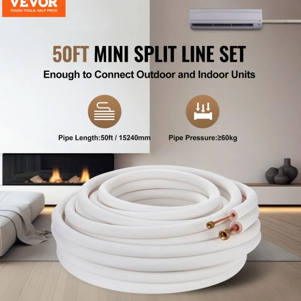 VEVOR 50FT Mini Split Line Set, 1/4" & 1/2" O.D Copper Pipes Tubing and Triple-Layer Insulation, for Mini Split Air Conditioning Refrigerant or Heating Pump Equipment & HVAC with Wrapping Strips.