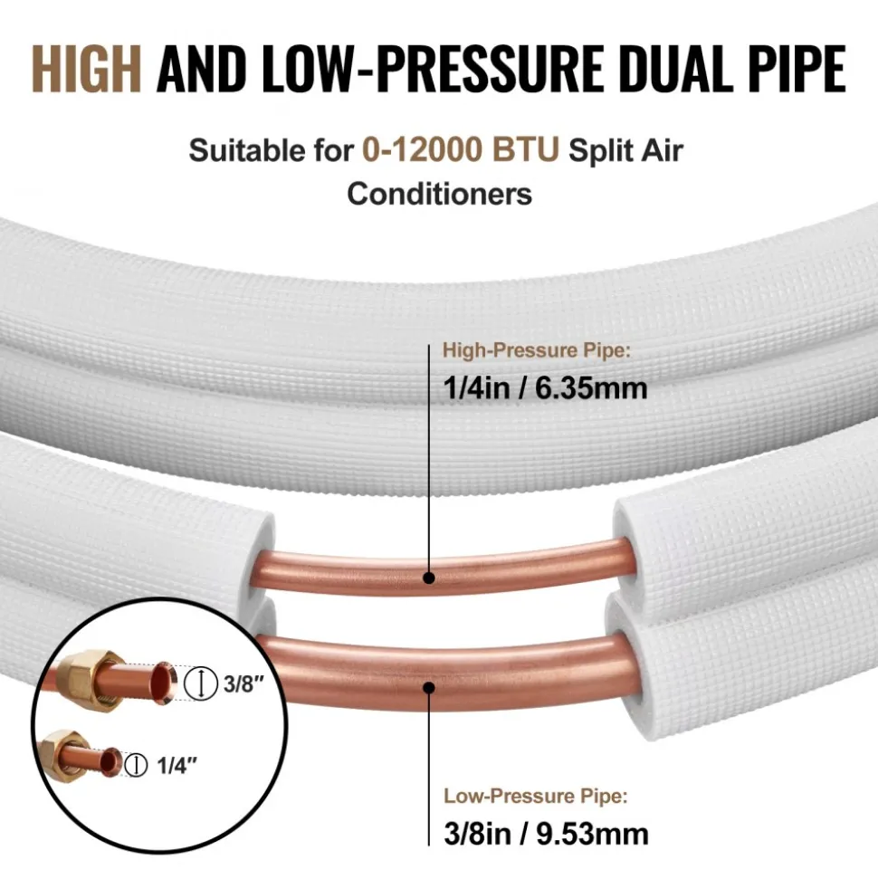 VEVOR 16FT Mini Split Line Set, 1/4" & 3/8" O.D Copper Pipes Tubing and Triple-Layer Insulation, for Air Conditioning or Heating Pump Equipment & HVAC with Rich Accessories (18ft Connection Cable)