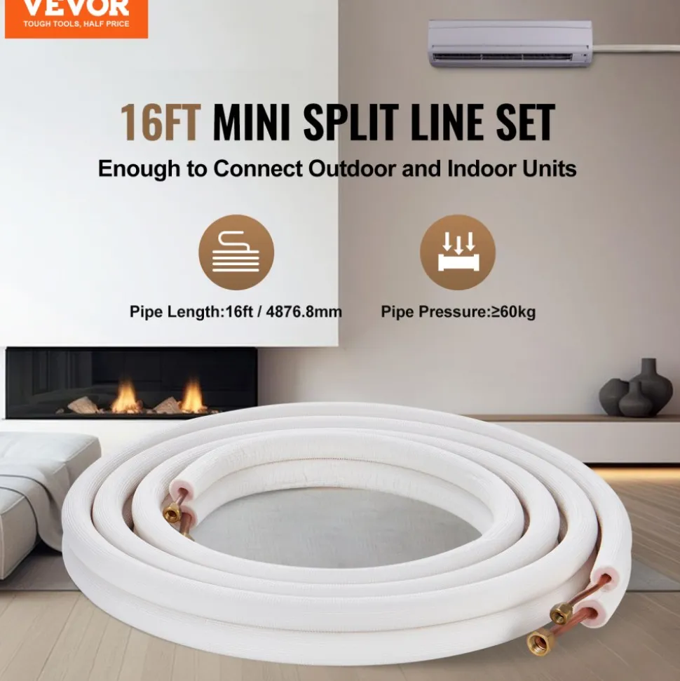 VEVOR 16FT Mini Split Line Set, 1/4" & 3/8" O.D Copper Pipes Tubing and Triple-Layer Insulation, for Air Conditioning or Heating Pump Equipment & HVAC with Rich Accessories (18ft Connection Cable)