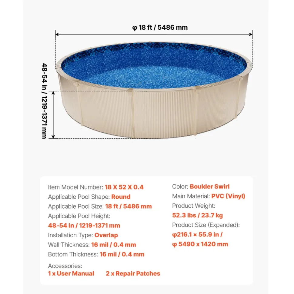 VEVOR 18ft Pool Liner, Round Overlap Swimming Pool Liner for 52 in Wall Height, Premium Vinyl, Easy Install with Leak-Proof Patches, Designed for Steel Sided Above-Ground,Outdoor, Boulder Swirl
