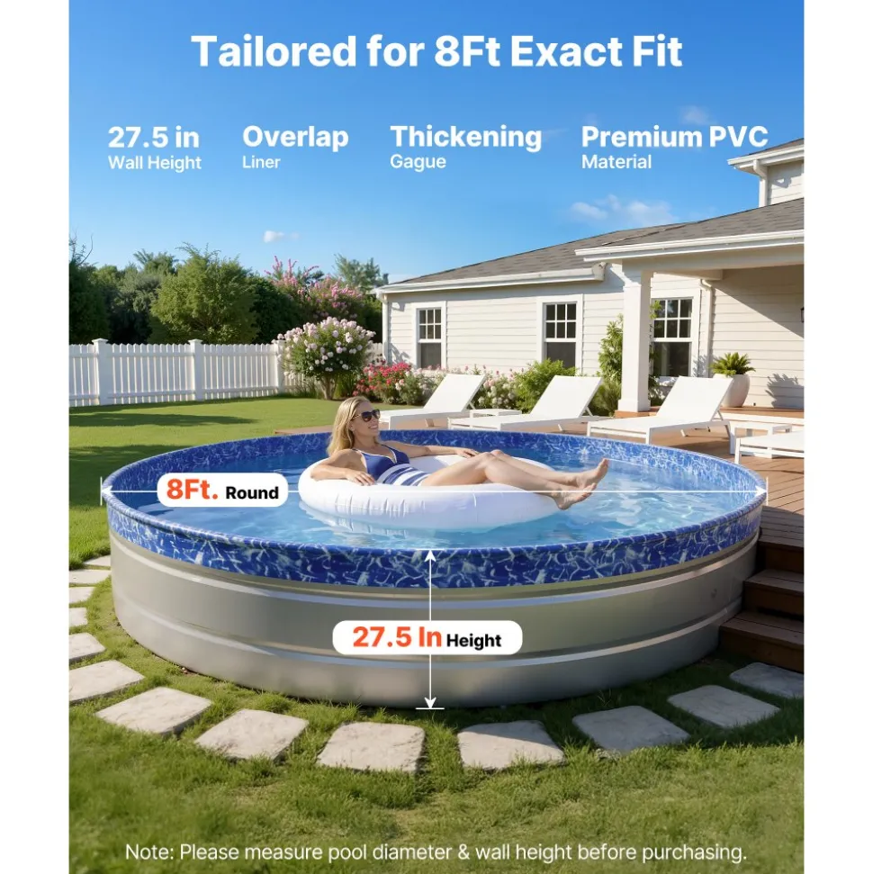 VEVOR 8ft Pool Liner, Round Overlap Swimming Pool Liner for 27.5 in Wall Height, Heavy Gauge Vinyl, Easy Install with Leak-Proof Patches, Designed for Steel Sided Above-Ground,Outdoor, Crystal