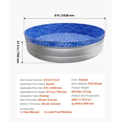 VEVOR 8ft Pool Liner, Round Overlap Swimming Pool Liner for 27.5 in Wall Height, Heavy Gauge Vinyl, Easy Install with Leak-Proof Patches, Designed for Steel Sided Above-Ground,Outdoor, Crystal