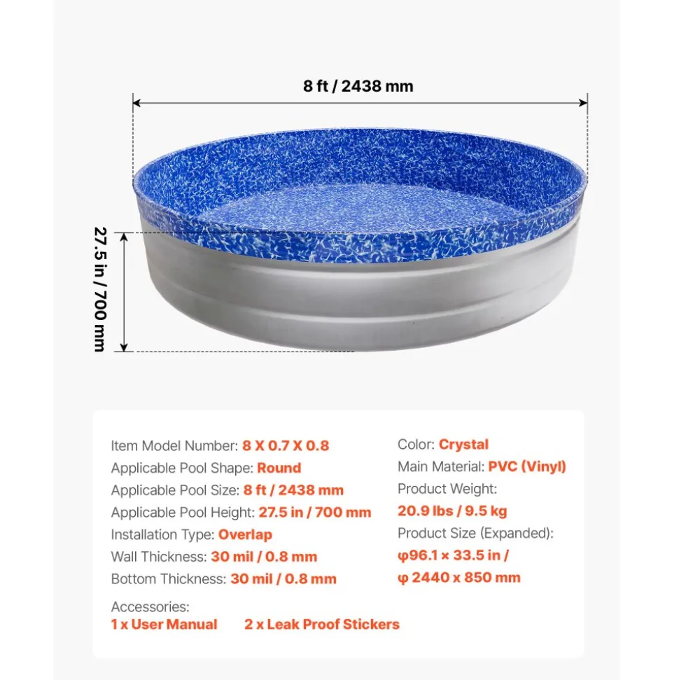 VEVOR 8ft Pool Liner, Round Overlap Swimming Pool Liner for 27.5 in Wall Height, Heavy Gauge Vinyl, Easy Install with Leak-Proof Patches, Designed for Steel Sided Above-Ground,Outdoor, Crystal