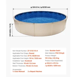 VEVOR 27ft Pool Liner, Round UniBead Swimming Pool Liner for 52 in Wall Height, Premium Vinyl, Easy Install with Leak-Proof Patches, Designed for Steel Sided Above-Ground,Outdoor, Boulder Swirl