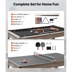 VEVOR 7ft Pool Table Combo Set, 3-in-1 Multi Game Billiards Tables with Dining Top and Ping Pong, 2 Benches for Storage and Accessories, Includes Ball Cue Rack Chalk Brush, for Family Recreation Room