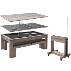 VEVOR 7ft Pool Table Combo Set, 3-in-1 Multi Game Billiards Tables with Dining Top and Ping Pong, 2 Benches for Storage and Accessories, Includes Ball Cue Rack Chalk Brush, for Family Recreation Room