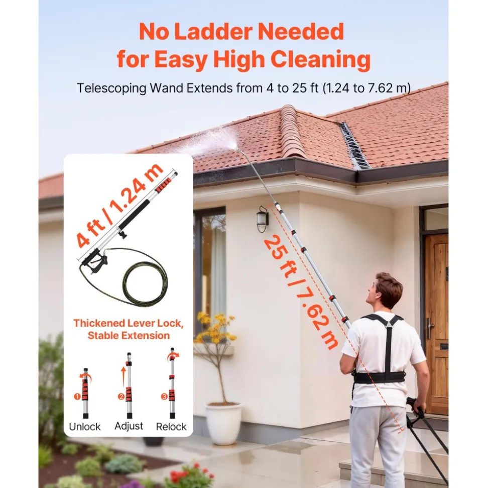 VEVOR 25 FT Pressure Washer Telescoping Wand, with Power Washer Extension Wands & High Pressure Hose, Brush Head, 7 Nozzles, Hose Adapter, Upgrade Support Belt, Storage Bag, 4000 PSI for High Cleaning