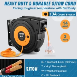VEVOR 50ft Retractable Extension Cord Reel 14AWG/3CSJTOW Power Cord Reel