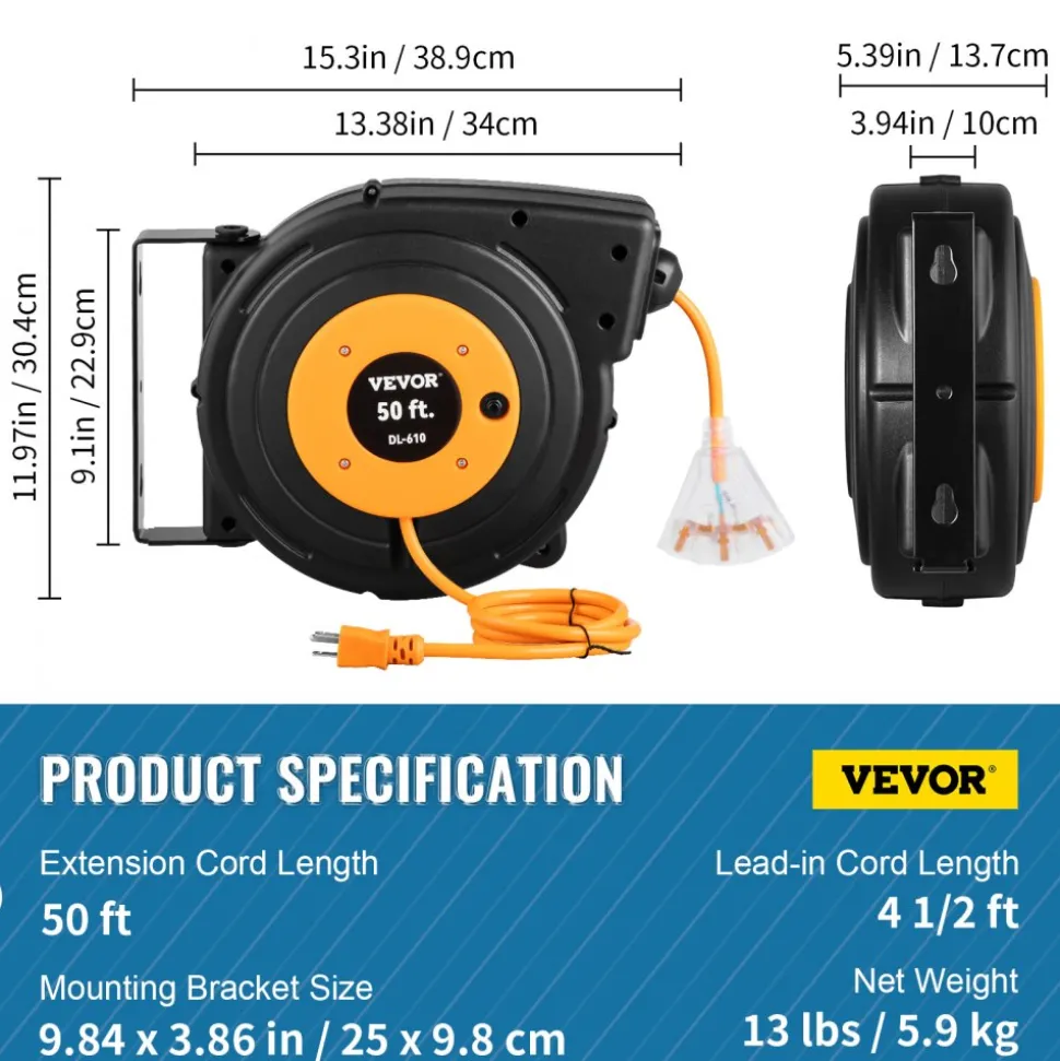 VEVOR 50ft Retractable Extension Cord Reel 14AWG/3CSJTOW Power Cord Reel
