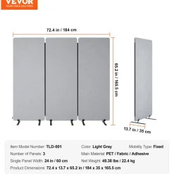 VEVOR 2FT Room Divider, 3 Panel PET Polyester Soundproof Room Screen, Folding Privacy Divider Portable Partition Divider for Room Separation, Freestanding Room Partitions for Office Study, Grey