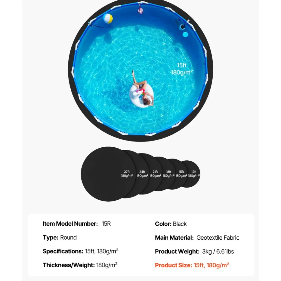 VEVOR 15ft Round Pool Liner Pad, Pool Liner Pad for Above Ground Swimming Pools, Extra-Thick Pool Mat, Prevents Punctures, Recycled Geotextile Material Underlayment Pad, Extend Liner Life