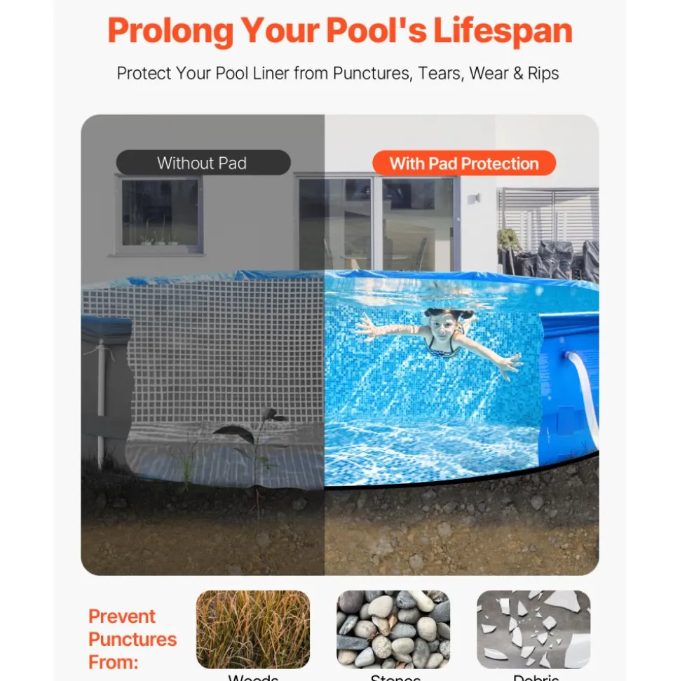 VEVOR 15ft Round Pool Liner Pad, Pool Liner Pad for Above Ground Swimming Pools, Extra-Thick Pool Mat, Prevents Punctures, Recycled Geotextile Material Underlayment Pad, Extend Liner Life