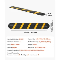VEVOR 6FT Rubber Speed Bump, 2 Channel, Heavy Duty Traffic Speed Hump, 22000 lbs/axle Load Capacity, 72 in Cable Protector Ramp with Expansion Screws, for Asphalt Concrete Gravel Driveway Road, 1 Pack