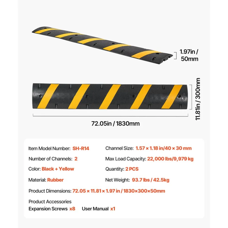 VEVOR 6FT Rubber Speed Bump, 2 Pack, 2 Channel Heavy Duty Traffic Speed Hump, 22000 lbs/Axle Load Capacity, 72 in Cable Protector Ramp with Expansion Screws, for Asphalt Concrete Gravel Driveway Road