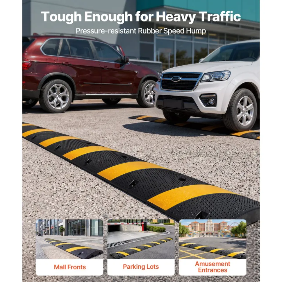 VEVOR 6FT Rubber Speed Bump, 2 Pack, 2 Channel Heavy Duty Traffic Speed Hump, 22000 lbs/Axle Load Capacity, 72 in Cable Protector Ramp with Expansion Screws, for Asphalt Concrete Gravel Driveway Road