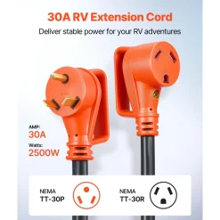 VEVOR 100 FT RV Extension Cord, 30 Amp, 125V 2500W Heavy Duty STW 10/3 Gauge Wire, NEMA TT-30P Male NEMA TT-30R Female Plug, with LED Power Indicator, Handle, 15A Adapter, for RV Trailer, ETL Listed