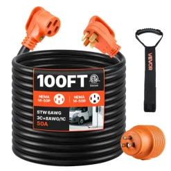 VEVOR 100 FT RV Extension Cord, 50 Amp, 125V 7500W Heavy Duty STW 6/3 + 8/1 Gauge Wire, NEMA 14-50P Male NEMA 14-50R Female Plug, with LED Indicator, Handle, 15A Adapter, for RV Trailer, ETL Listed