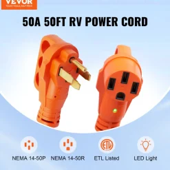 VEVOR 50 ft RV Extension Cord, 50 Amp, Heavy Duty STW RV Power Cord, NEMA 14-50R Female NEMA 14-50P Male Plug, with LED Indicator Handle 15A Adapter, for RVs, trams, generators, campers, ETL Listed