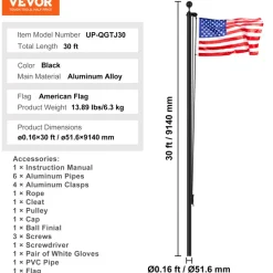VEVOR 30FT Sectional Flag pole Kit, Heavy Duty Aluminum Alloy in Ground Flag poles for Outside, 3 Display Modes Flagpole with 3x5 American Flag, Professional Accessories, Black