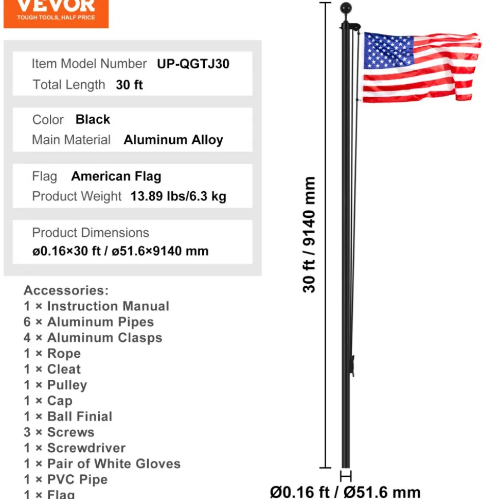 VEVOR 30FT Sectional Flag pole Kit, Heavy Duty Aluminum Alloy in Ground Flag poles for Outside, 3 Display Modes Flagpole with 3x5 American Flag, Professional Accessories, Black