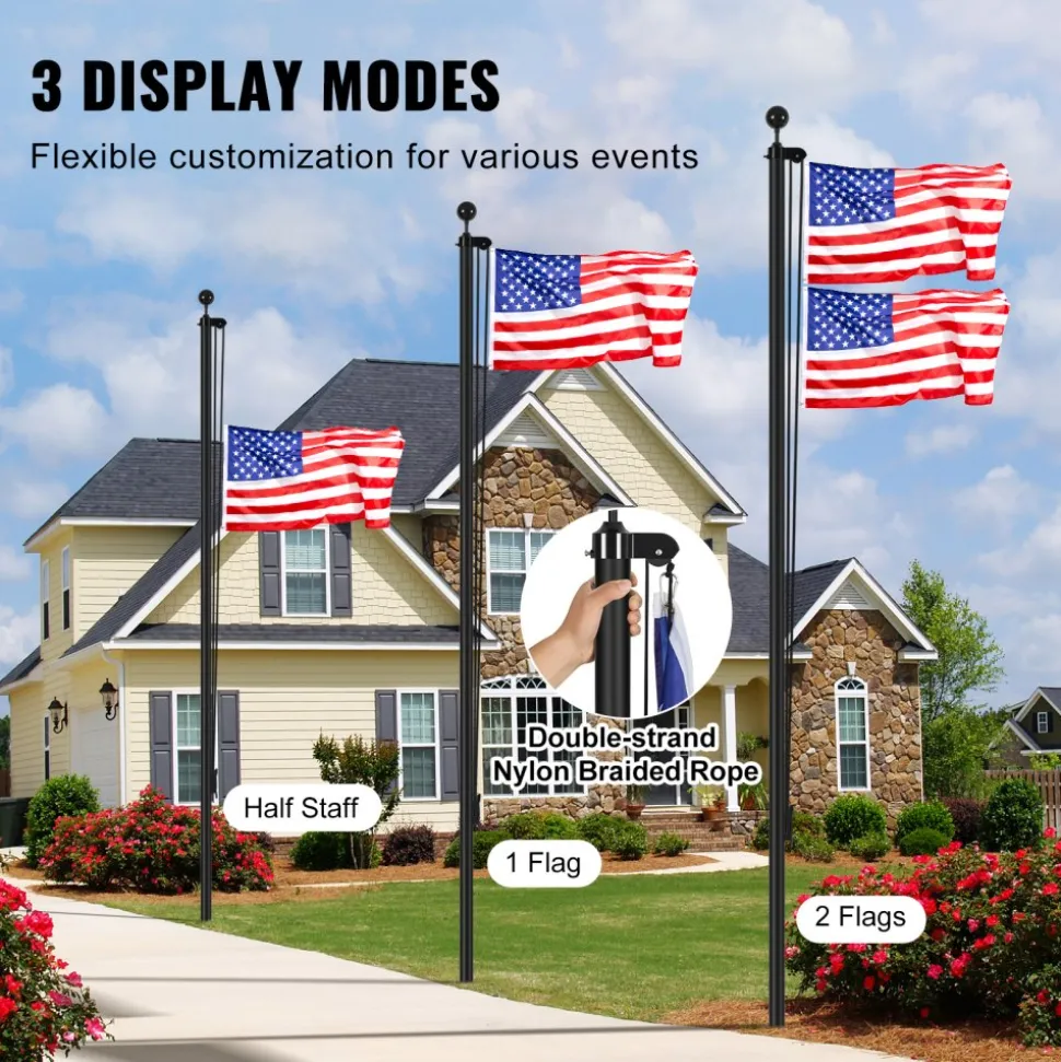 VEVOR 30FT Sectional Flag pole Kit, Heavy Duty Aluminum Alloy in Ground Flag poles for Outside, 3 Display Modes Flagpole with 3x5 American Flag, Professional Accessories, Black
