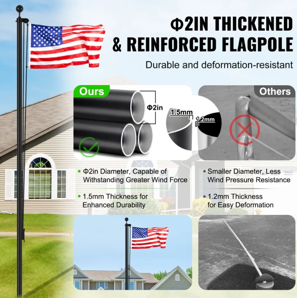 VEVOR 30FT Sectional Flag pole Kit, Heavy Duty Aluminum Alloy in Ground Flag poles for Outside, 3 Display Modes Flagpole with 3x5 American Flag, Professional Accessories, Black