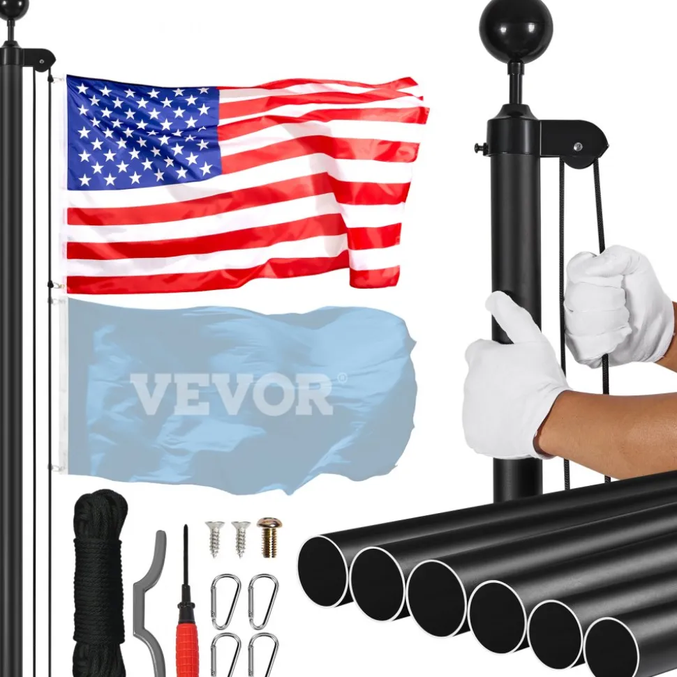 VEVOR 30FT Sectional Flag pole Kit, Heavy Duty Aluminum Alloy in Ground Flag poles for Outside, 3 Display Modes Flagpole with 3x5 American Flag, Professional Accessories, Black