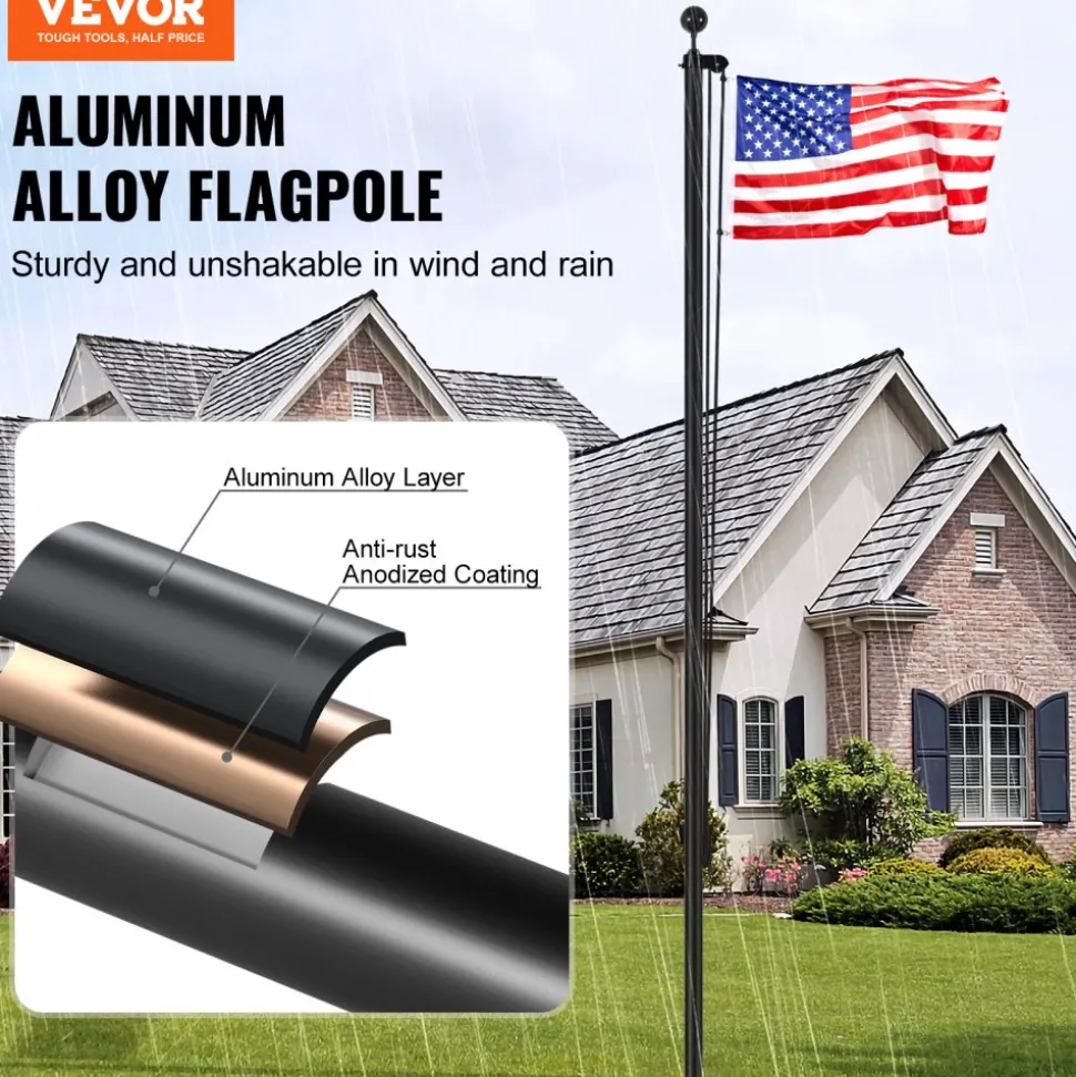 VEVOR 30FT Sectional Flag pole Kit, Heavy Duty Aluminum Alloy in Ground Flag poles for Outside, 3 Display Modes Flagpole with 3x5 American Flag, Professional Accessories, Black