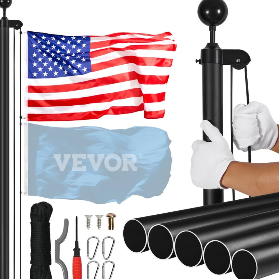 VEVOR 25FT Sectional Flag pole Kit, Heavy Duty Aluminum Alloy in Ground Flag poles for Outside, 3 Display Modes Flagpole with 3x5 American Flag, Professional Accessories, Black
