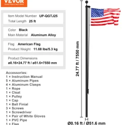 VEVOR 25FT Sectional Flag pole Kit, Heavy Duty Aluminum Alloy in Ground Flag poles for Outside, 3 Display Modes Flagpole with 3x5 American Flag, Professional Accessories, Black