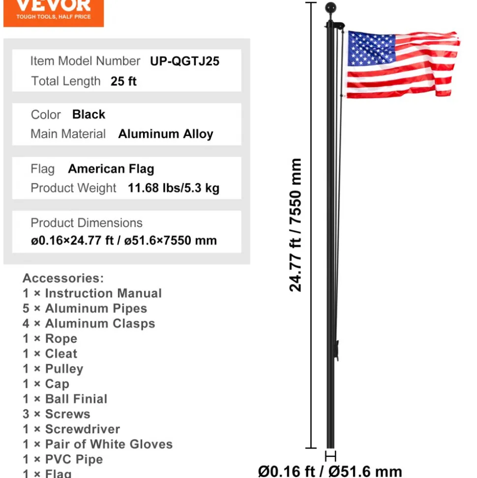 VEVOR 25FT Sectional Flag pole Kit, Heavy Duty Aluminum Alloy in Ground Flag poles for Outside, 3 Display Modes Flagpole with 3x5 American Flag, Professional Accessories, Black