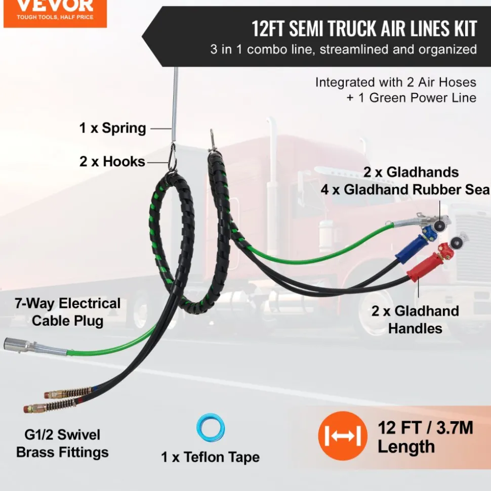 VEVOR 15FT Semi Truck Air Lines Kit with 2PCS Glad Hands, 3-in-1 Air Hoses & 7 Way ABS Electric Power Line, with 2PCS Gladhand Handles, 4PCS Seals and Tender Spring Kit for Semi Truck Trailer Tractor