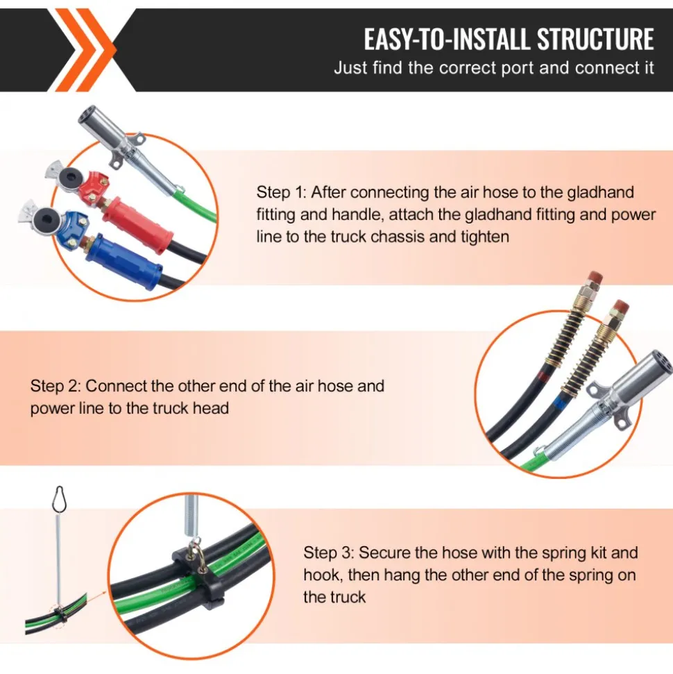 VEVOR 15FT Semi Truck Air Lines Kit with 2PCS Glad Hands, 3-in-1 Air Hoses & 7 Way ABS Electric Power Line, with 2PCS Gladhand Handles, 4PCS Seals and Tender Spring Kit for Semi Truck Trailer Tractor