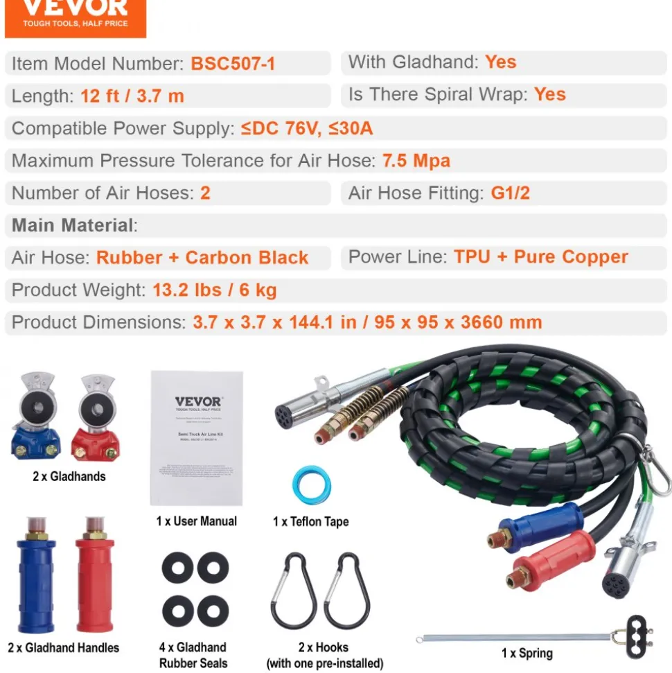 VEVOR 12FT Semi Truck Air Lines Kit with 2PCS Glad Hands, 3-in-1 Air Hoses & 7 Way ABS Electric Power Line, with 2PCS Gladhand Handles, 4PCS Seals and Tender Spring Kit for Semi Truck Trailer Tractor